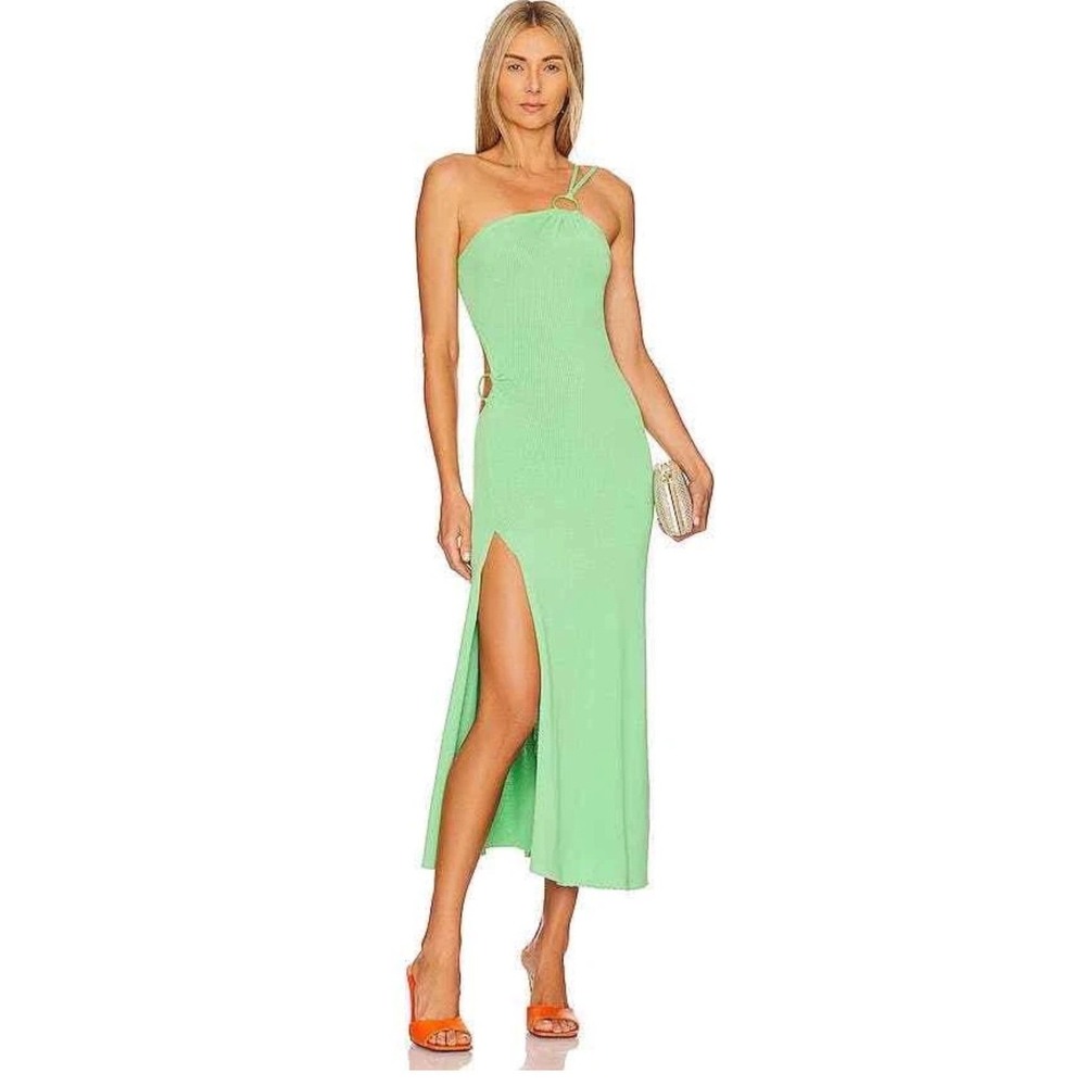 For Love & Lemons Kensie Green Ribbed One Shoulder Cutout Midi Dress Large NWT